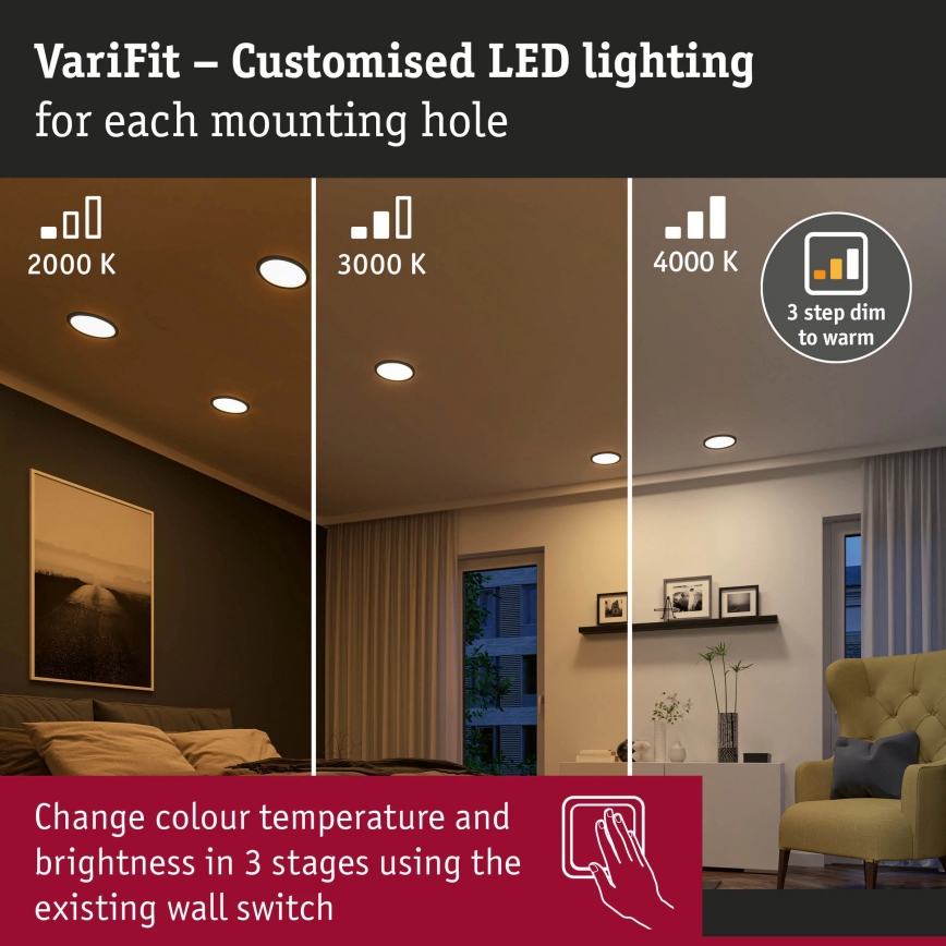 Paulmann 93102 - LED/16W IP44 prigušiva kupatilska ugradna plafonska svetiljka AREO 230V 2000/3000/4000K prečnik 23 cm crna