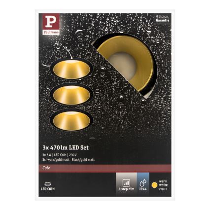 Paulmann 93404 - Komplet 3xLED/6,5W IP44 Prigušiva kupatilska ugradna stropna svetiljka COLE 230V
