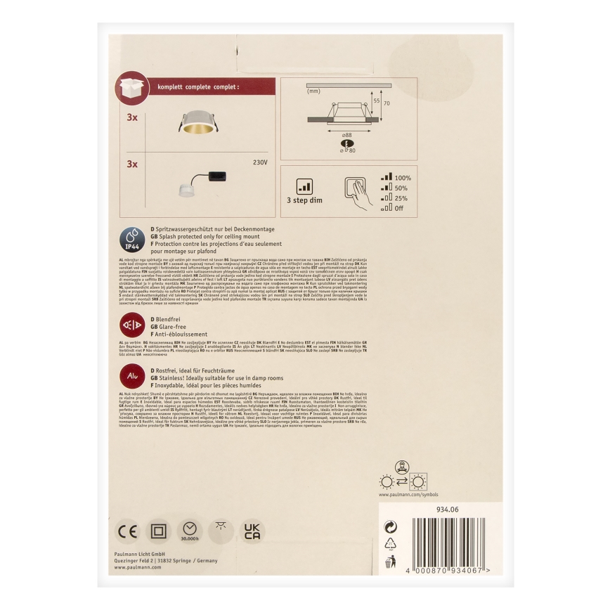 Paulmann 93406 - KOMPLET 3xLED/6,5W IP44 prigušiva ugradna kupatilska svetla COLE 230V