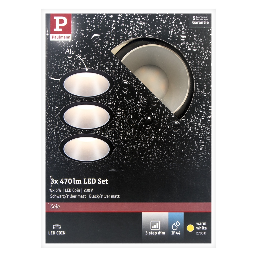 Paulmann 93408 - SET 3xLED/6,5W IP44 prigušiva kupatilska ugradna svetiljka COLE 230V