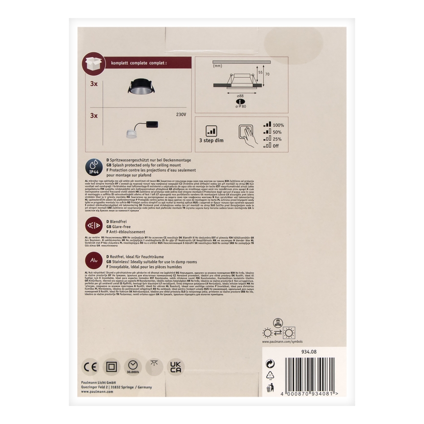 Paulmann 93408 - SET 3xLED/6,5W IP44 prigušiva kupatilska ugradna svetiljka COLE 230V