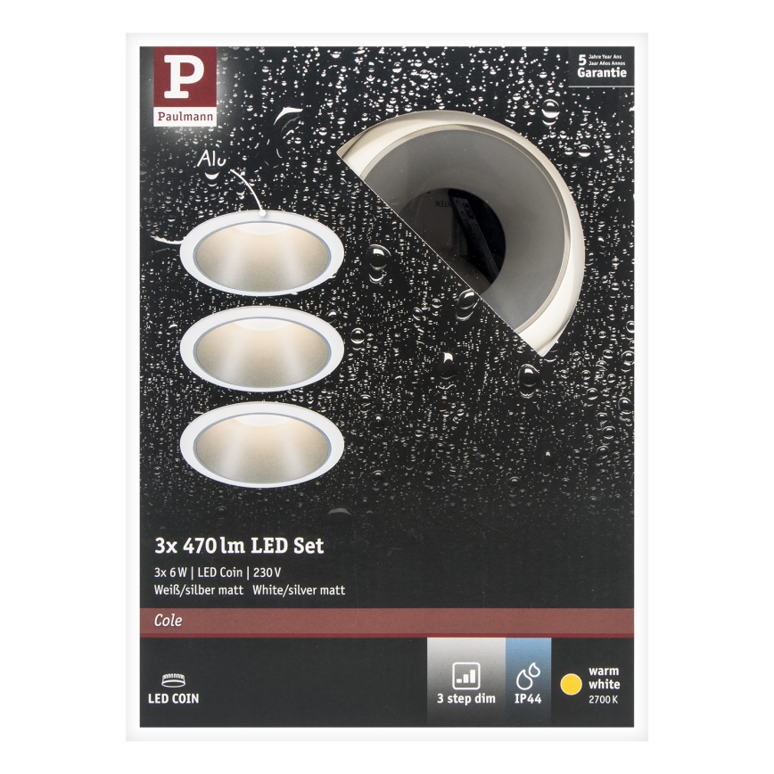 Paulmann 93410 - SET 3xLED/6,5W IP44 prigušiva ugradna svetiljka za kupatilo COLE 230V