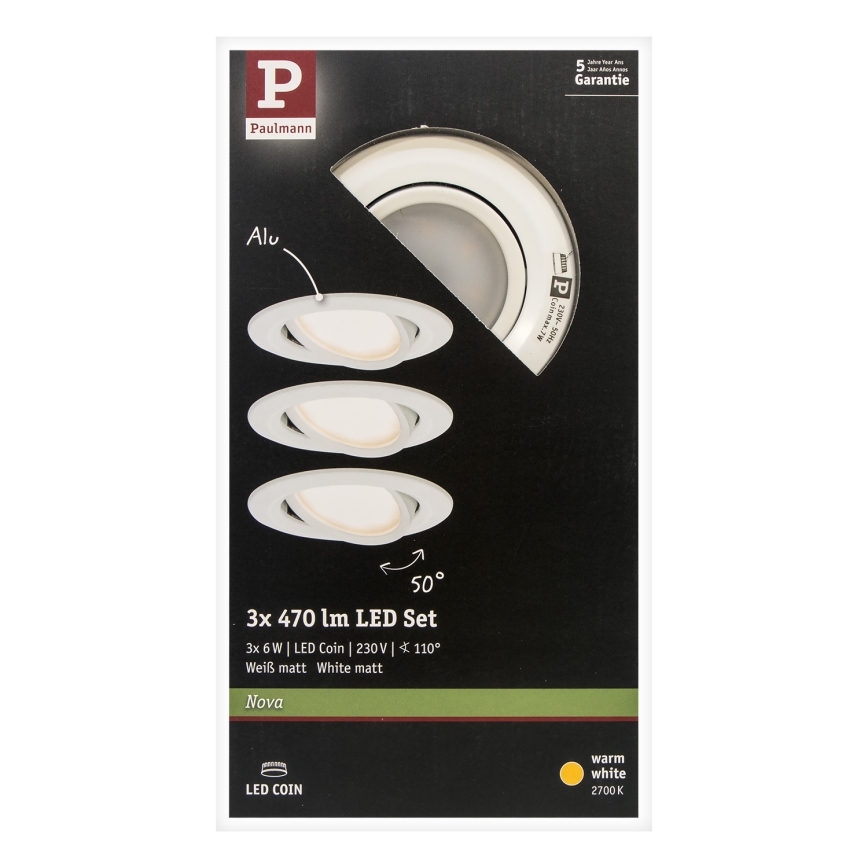 Paulmann 93449 - KOMPLET 3xLED/6,5W IP23 Kupatilsko ugradno plafonsko svetlo NOVA 230V