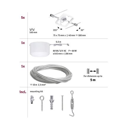 Paulmann 94134 - Komplet 5x GU5,3/10W sajlni sistem MAC 230V, beo