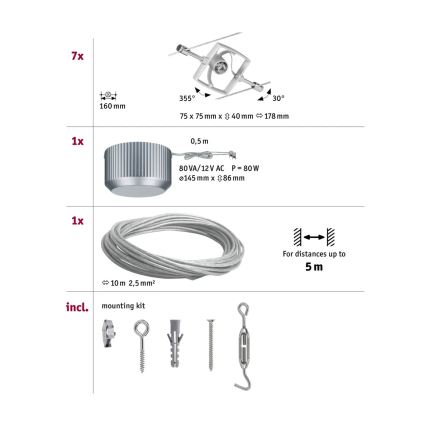 Paulmann 94152 - Set od 7x GU5,3/10W, kompletan kablovski sistem MAC 230V, mat hrom