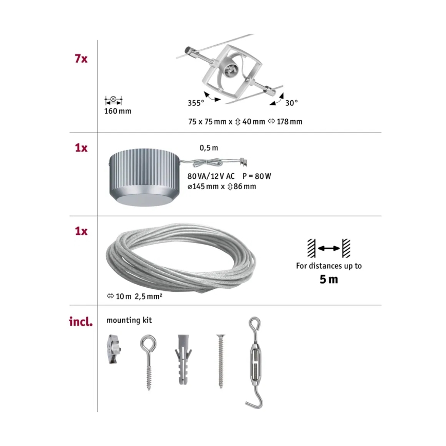 Paulmann 94152 - Set od 7x GU5,3/10W, kompletan kablovski sistem MAC 230V, mat hrom
