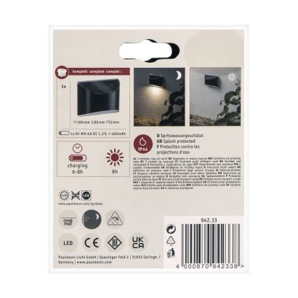 Paulmann 94233 - LED/0,05W IP44 Solarna zidna svetiljka ELLIOT 1,2V 400 mAh