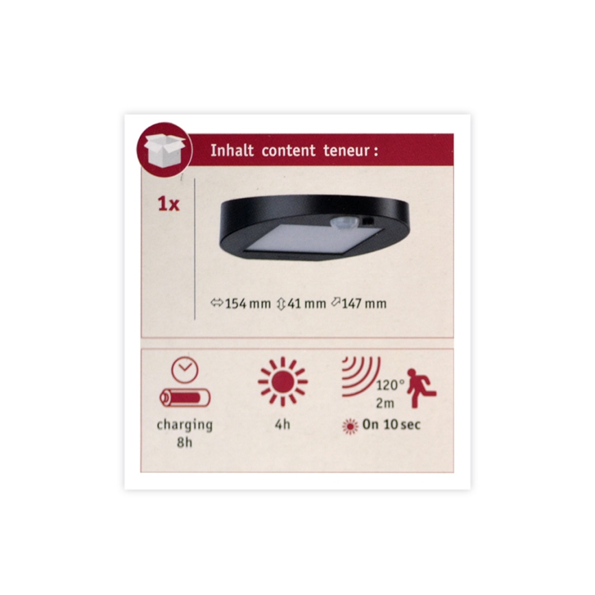 Paulmann 94246 - LED/1,2W IP44 Spoljno solarno svetlo sa senzorom RYSE 3,7V 1800 mAh