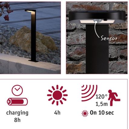 Paulmann 94249 - LED/1,2W IP44 Spoljašnja solarna svetiljka sa senzorom RYSE 3,7V 1800 mAh