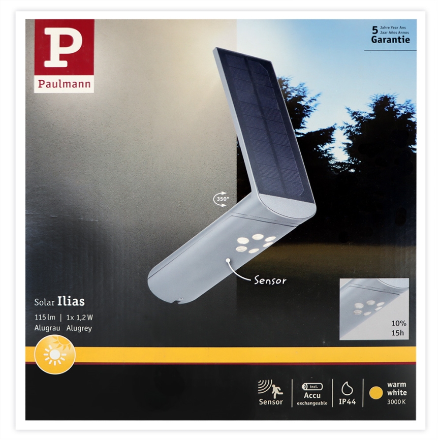 Paulmann 94261 - LED/1,2W IP44 Solarno zidno svetlo sa senzorom ILIAS 3,7V 1800 mAh