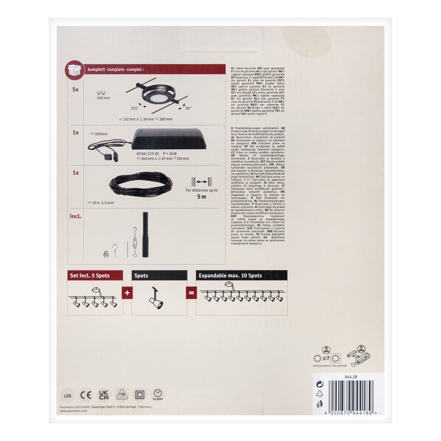 Paulmann 94418 - KOMPLET 5xLED/4,5W sajlni sistem ROUNDMAC 230V crna