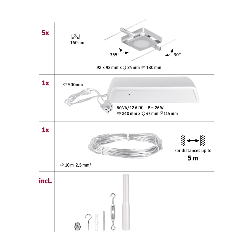 Paulmann 94420 - SET 5xLED/4,5W Kompletan kablovski sistem MAC 230V mat hrom