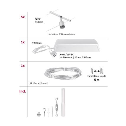 Paulmann 94442 - KOMPLET 5xGU5,3/10W kompletan sajlni sistem SALT 230V matni hrom