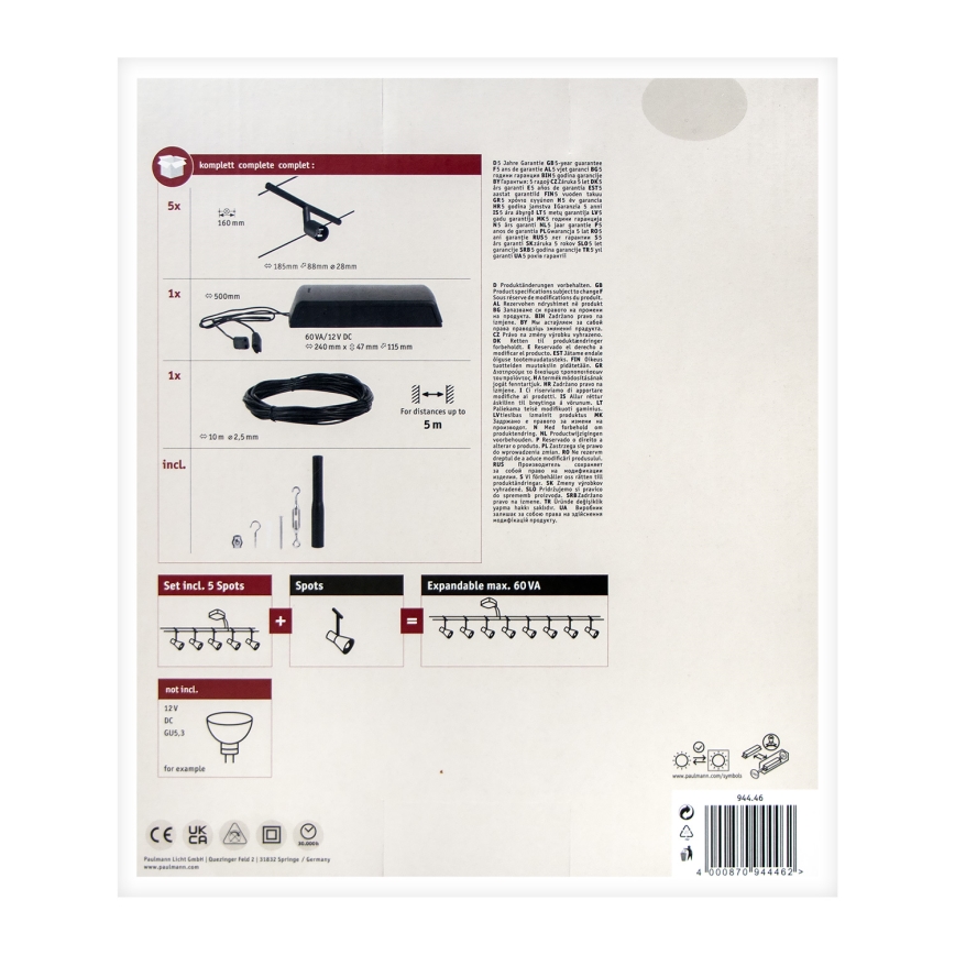 Paulmann 94446 - SET 5xGU5,3/10W Kompletan sajlni sistem SALT 230V crna