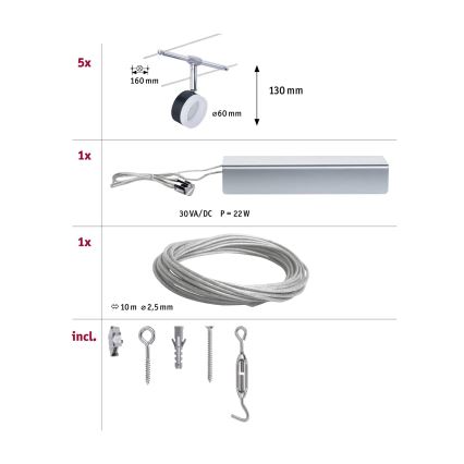 Paulmann 94457 - KOMPLET 5x LED/4W sajlni sistem CLEAR 230V crna/sjajni hrom