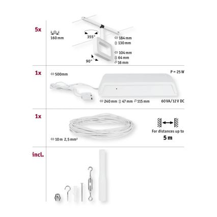 Paulmann 94483 - SET 5xLED/4,8W Kompletan kablovski sistem FRAME 230V bela
