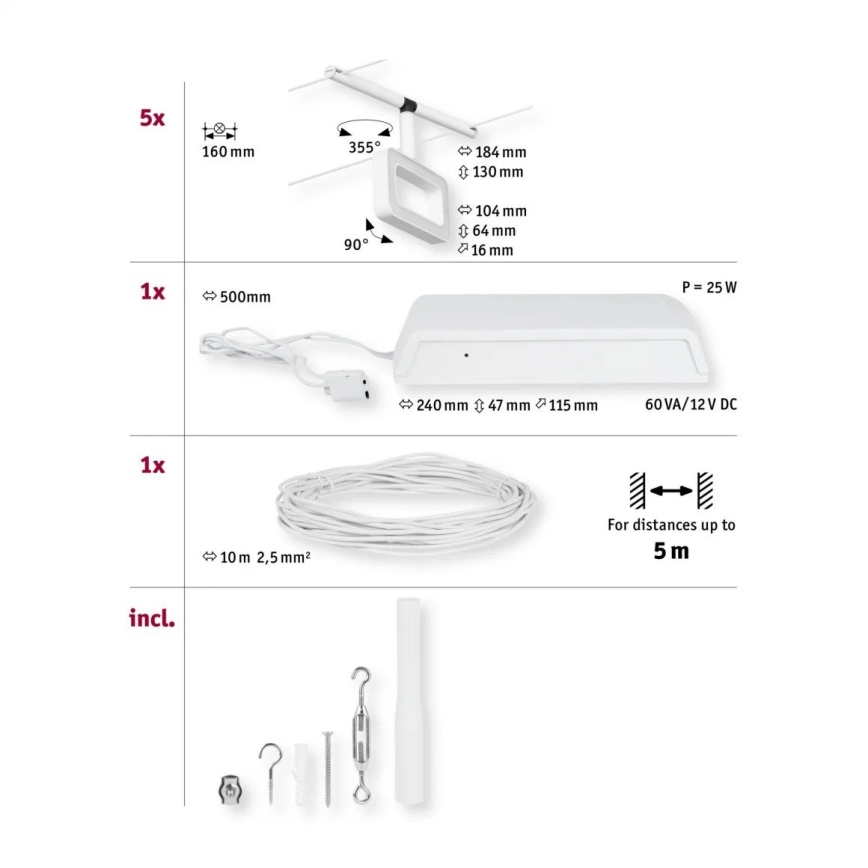 Paulmann 94483 - SET 5xLED/4,8W Kompletan kablovski sistem FRAME 230V bela