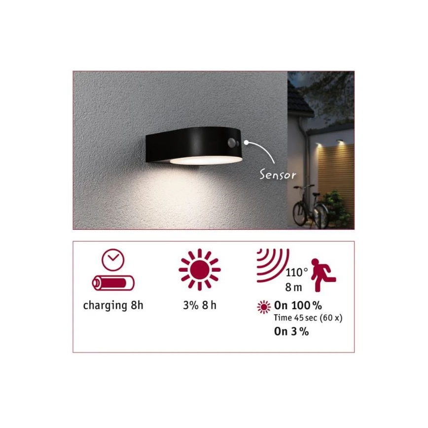 Paulmann 94570 - LED/5,5W IP44 Solarno zidno svetlo sa senzorom EILEEN 3,7V 2000 mAh