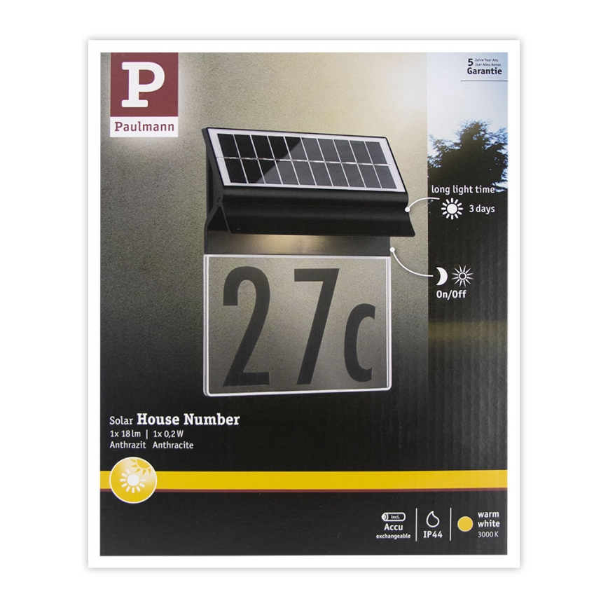 Paulmann 94694 - LED/0,2W IP44 Solarna svetiljka za kućni broj NEDA 3,7V 1800 mAh