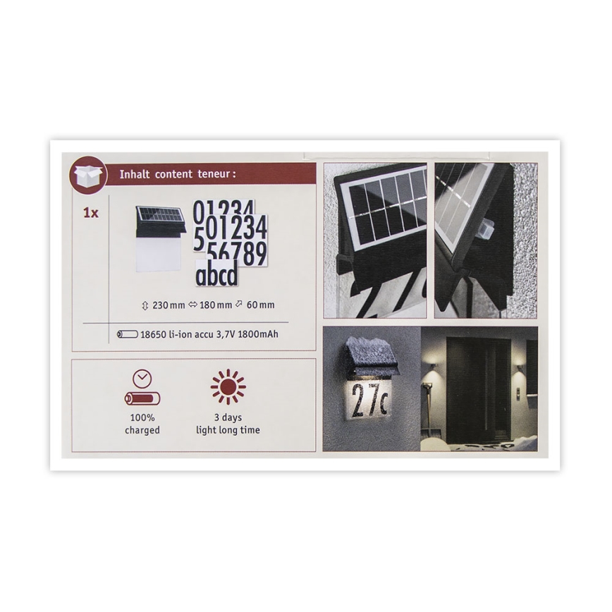 Paulmann 94694 - LED/0,2W IP44 Solarna svetiljka za kućni broj NEDA 3,7V 1800 mAh