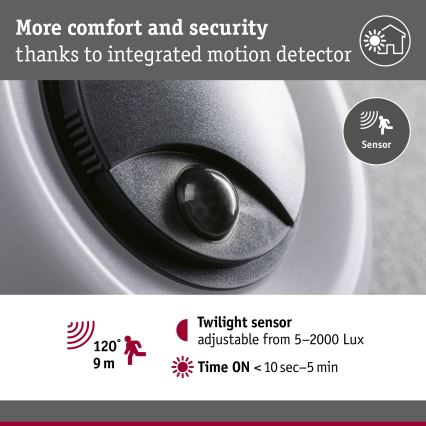 Paulmann 94956 - LED/20,5W IP65 prigušiva spoljašnja zidna svetiljka sa senzorom pokreta i sumraka AUREVA 230V 2200/3000/4000K antracit