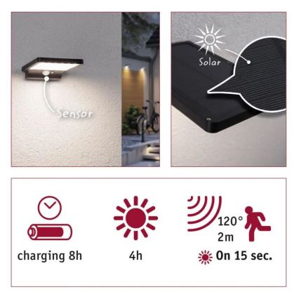 Paulmann 95393 - LED/4W IP44 prigušiva solarna zidna svetiljka sa senzorom SOLVEIG 3,7V 2000 mAh