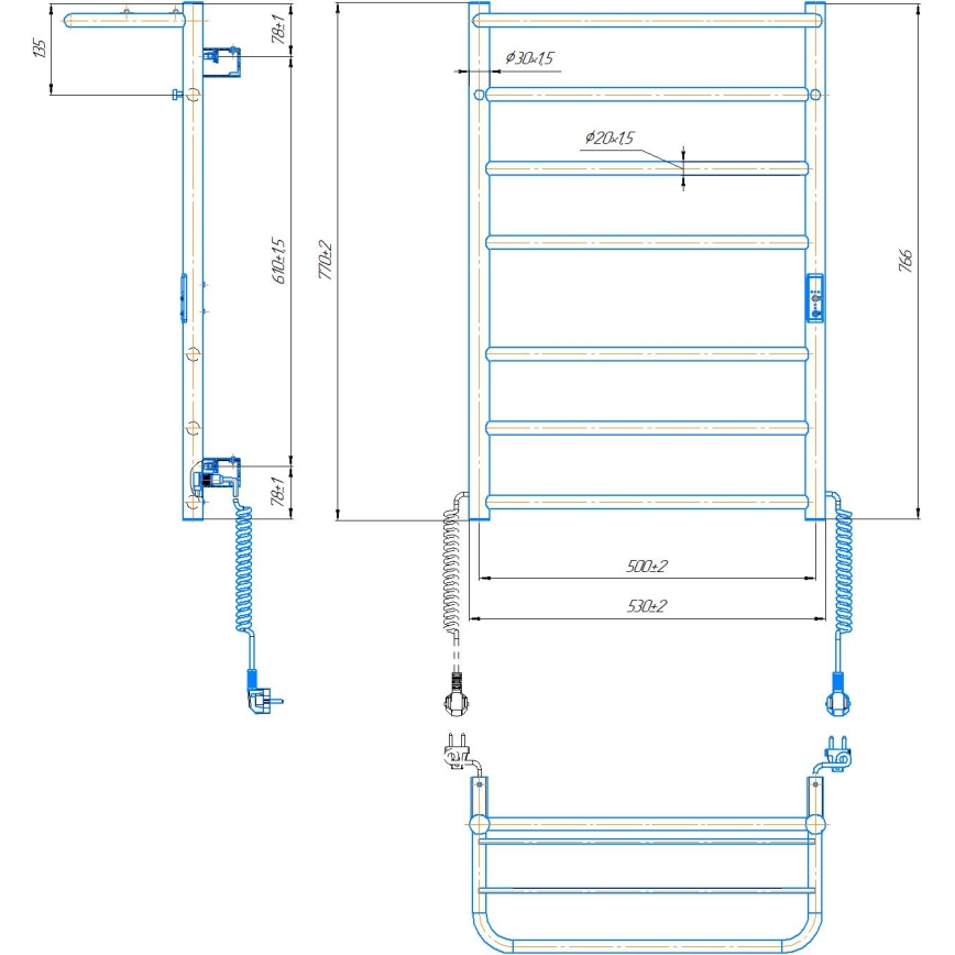 Peškirni radijator za kupatilo HOME 95W/230V 77x53 cm inox/hrom desni