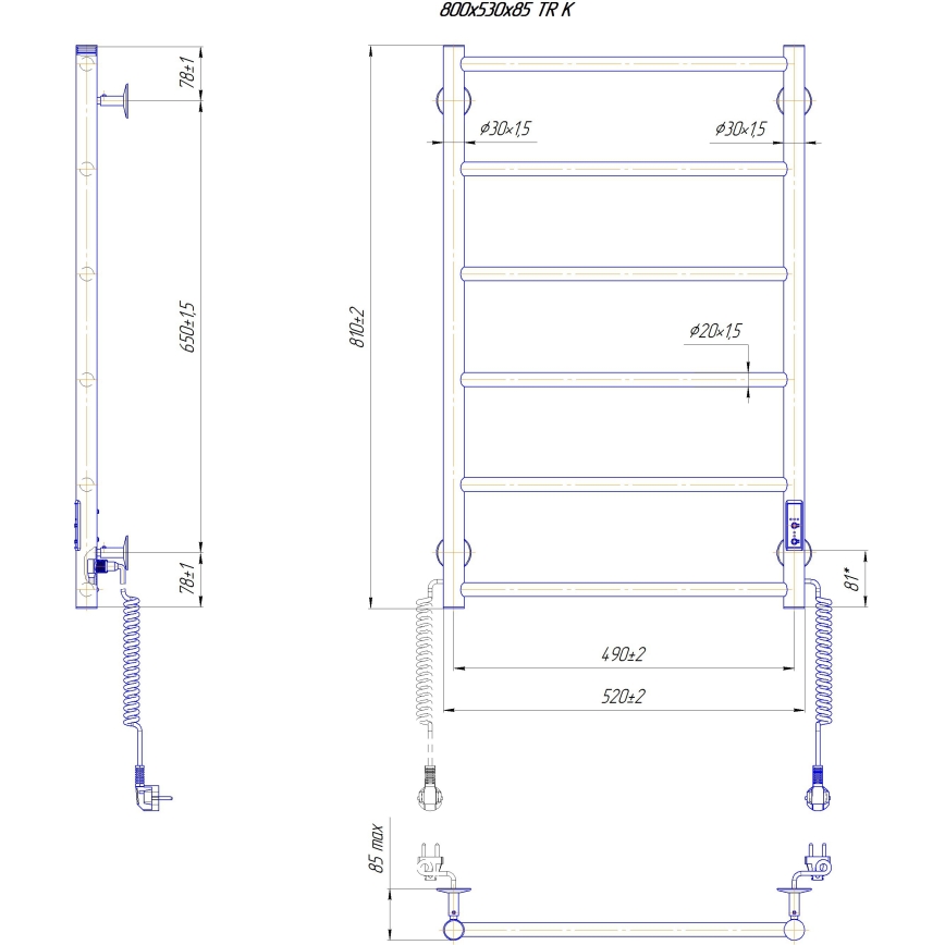 Kupatilski merdevinski radijator CLASSIC 110W/230V 81x52 cm nerđajući čelik/sjajni hrom desna