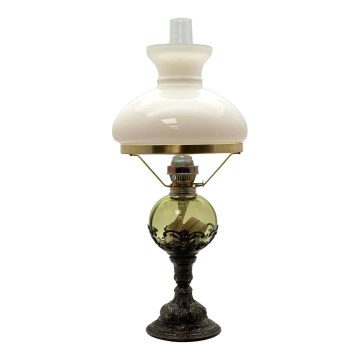 Petrolejska lampa DRAHOMÍRA 50 cm šumsko zelena ukrašena kalajem