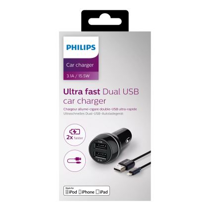Philips DLP2357V/10 - Auto punjač 2x USB/12V sa USB/Lightning kablom