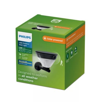 Philips - LED solarna zidna lampa sa senzorom KYNA LED/3,8W/3,7V 800 mAh 2700K IP44 crna