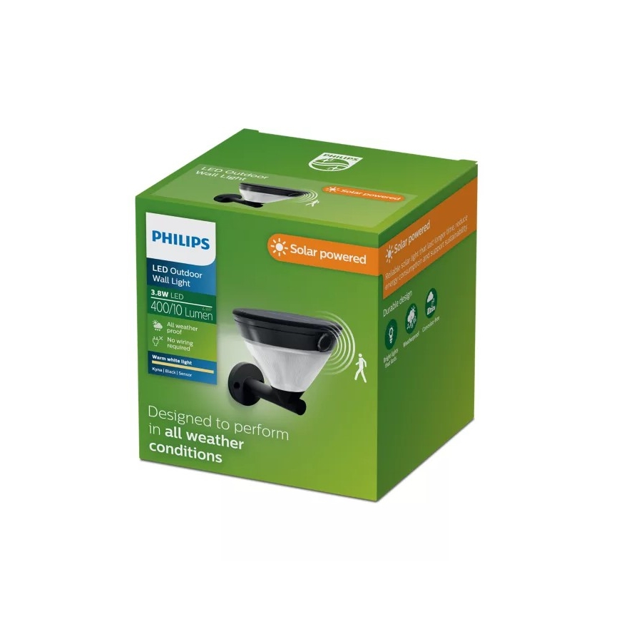Philips - LED solarna zidna lampa sa senzorom KYNA LED/3,8W/3,7V 800 mAh 2700K IP44 crna