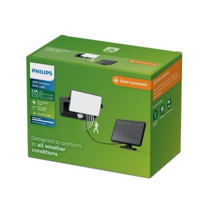 Philips - Solarni LED zidni reflektor sa senzorom FYNS LED/8,2W/3,7V 2600 mAh 3000K IP44 crna