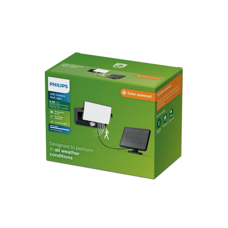 Philips - Solarni LED zidni reflektor sa senzorom FYNS LED/8,2W/3,7V 2600 mAh 3000K IP44 crna
