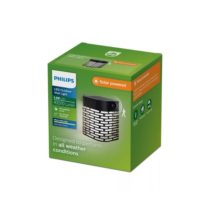 Philips - LED solarno zidno svetlo sa senzorom HARA LED/3,8W/3,7V 800 mAh 2700K IP44 crna