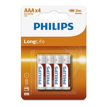 Philips R03L4B/10 - 4 kom cink-hloridnih baterija AAA LONGLIFE 1,5V 450mAh
