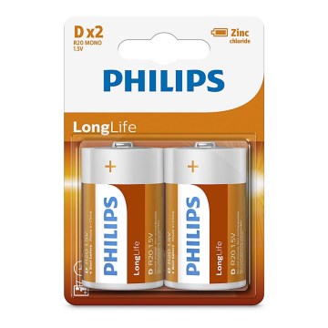 Philips R20L2B/10 - 2 kom cink-hloridnih baterija tip D LONGLIFE 1,5V 5000mAh