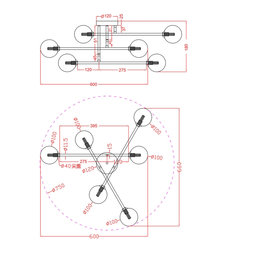 Plafonski luster DORADO 6xG9/28W/230V crna
