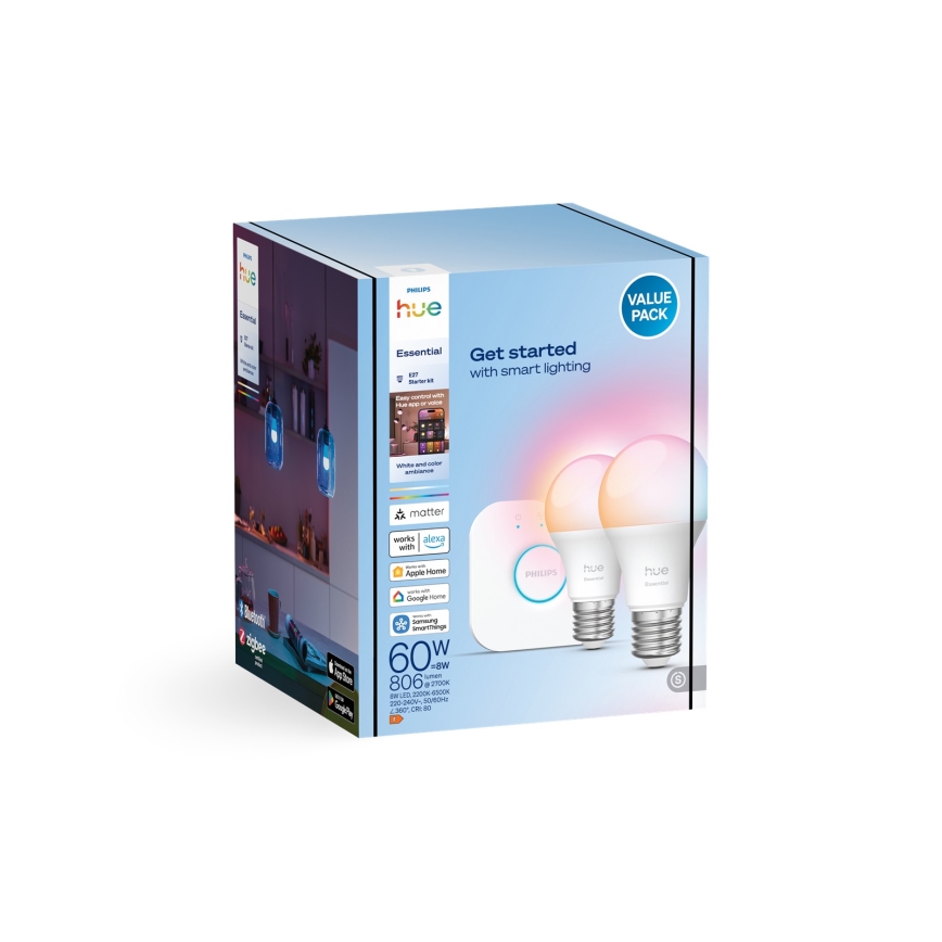Početni paket Philips Hue White And Color Ambiance Essential 2xE27/8W/230V 2200-6500K + Hue bridge