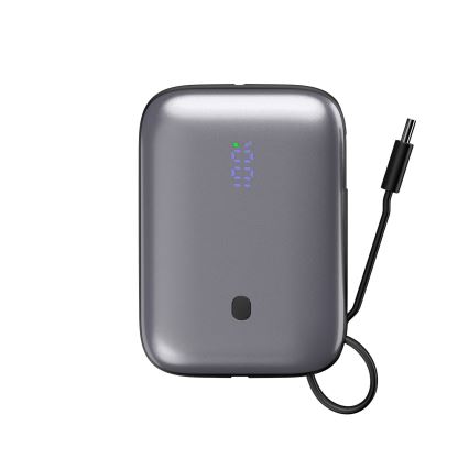 Kompaktan power bank 10000 mAh, 20W Power Delivery, sa ugrađenim uvlačivim USB-C kablom 1m, crni