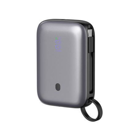 Kompaktan power bank 10000 mAh, 20W Power Delivery, sa ugrađenim uvlačivim USB-C kablom 1m, crni