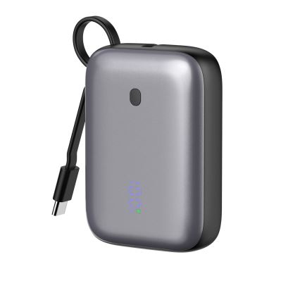 Kompaktan power bank 10000 mAh, 20W Power Delivery, sa ugrađenim uvlačivim USB-C kablom 1m, crni
