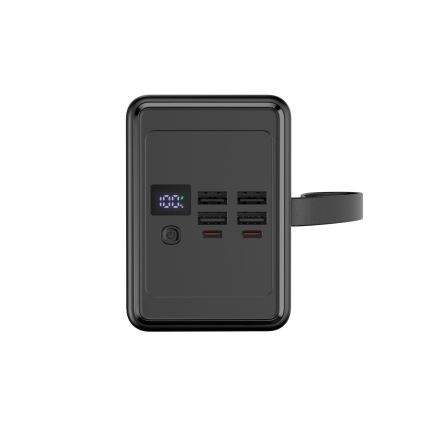 Power bank 8000 mAh Power Delivery, 4× USB-A + 2× USB-C, sa LED svetiljkom i USB-C kablom 1 m, crna