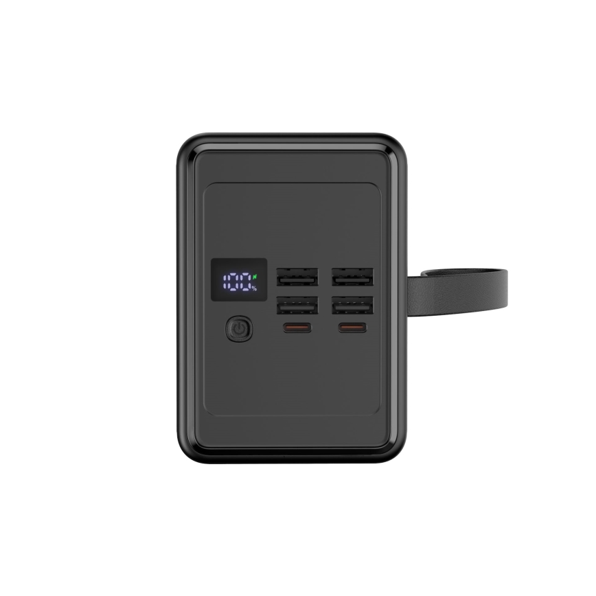 Power bank 8000 mAh Power Delivery, 4× USB-A + 2× USB-C, sa LED svetiljkom i USB-C kablom 1 m, crna