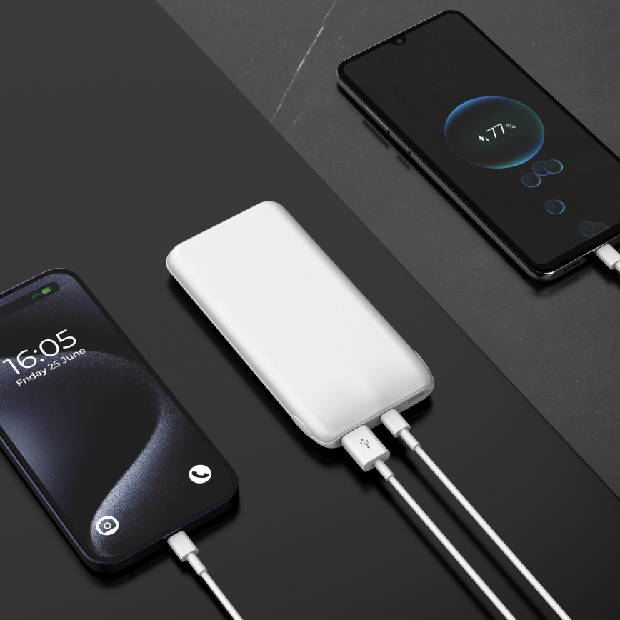 Power banka 10000 mAh 10 W Power Delivery 2x USB-C + 1x USB-A bela