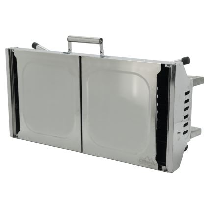 Prenosni roštilj na drveni ugalj u sjajnom hromiranom izdanju.