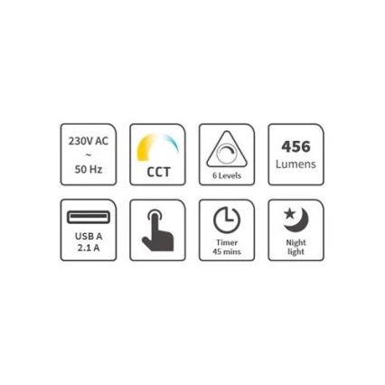 Prigušiva LED stona lampa sa USB, 9W, 230V, 3000K/4000K/5500K, crna