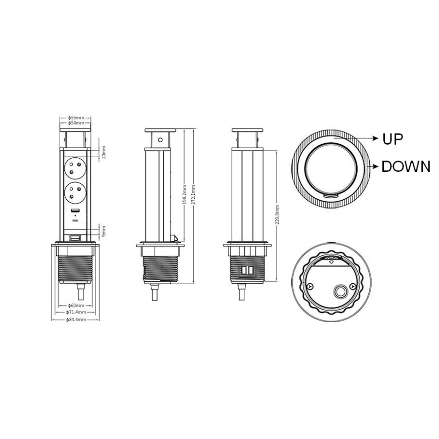 Priključni stub za stolnu ploču sa 2x230V + USB-A + USB-C