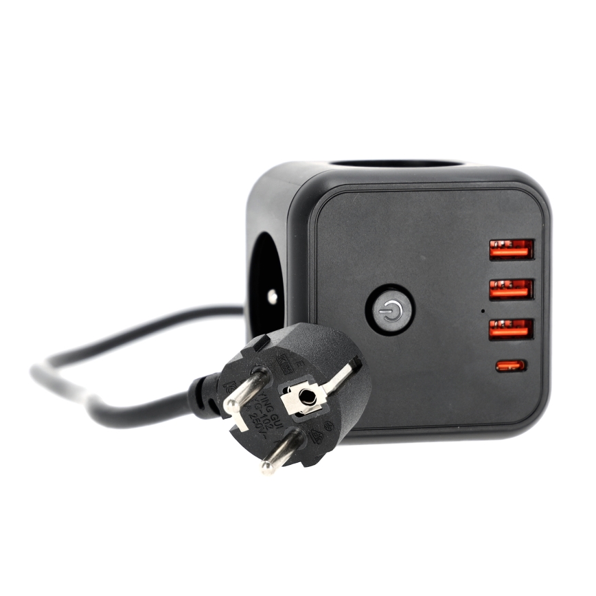 Produžni blok sa prekidačem LINEA 3x230V + 4xUSB A/C crna