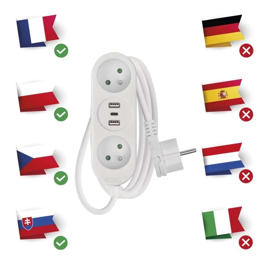 Produžni kabl 2 utičnice + 2x USB-A + USB-C 1,4 m